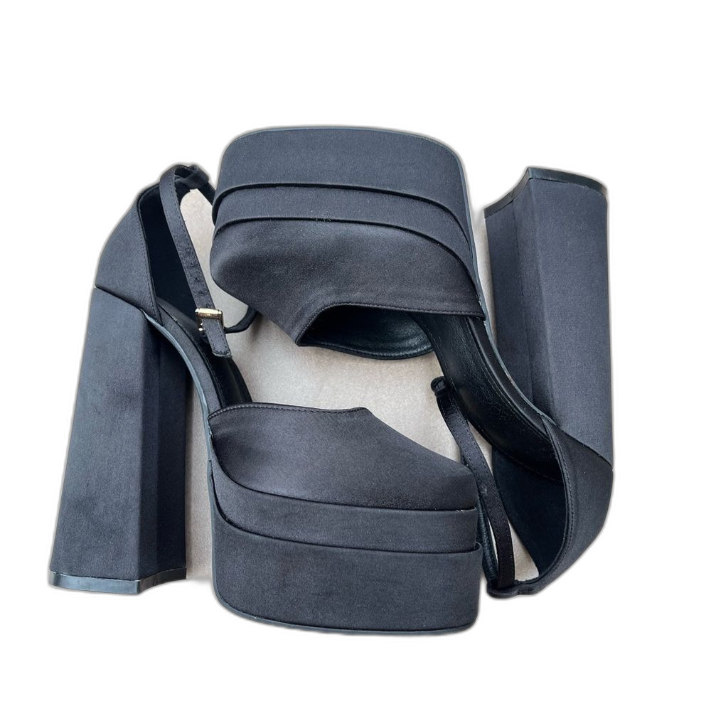Black 6 in block heel with 2 in platform, glossy fabric, cool disco shoes, 8
